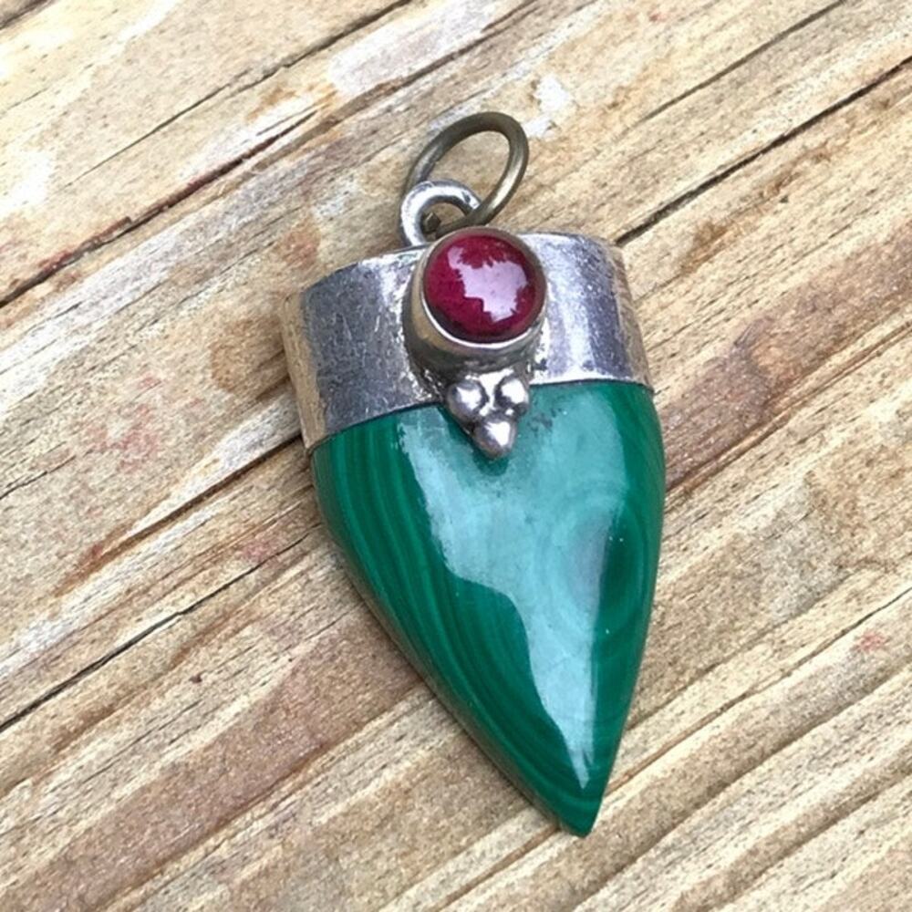 Artisan malachite and garnet pendant - semiprecious pendant